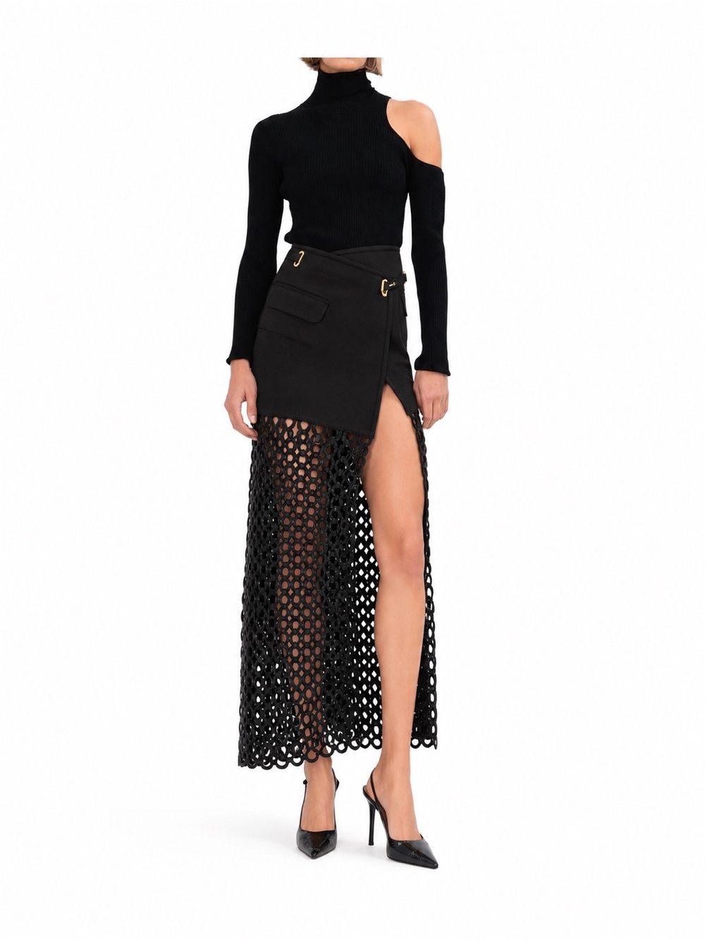 Asymmetric Crochet Maxi Skirt in Black